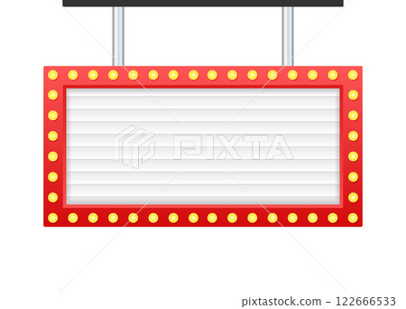 Hanging Blank White Billboard with Red Frame and Light Bulbs is Showing an Advertisement Hanging Blank White Billboard with Red Frame and Light Bulbs is Showing an Advertisement 122666533