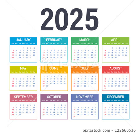 Colorful 2025 calendar showing all twelve months with highlighted weekends Colorful 2025 calendar showing all twelve months with highlighted weekends 122666536