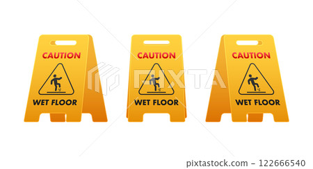 Yellow Caution Wet Floor Signs Warning about Slippery Surface 122666540