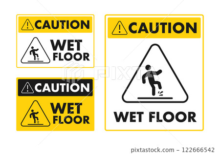 Caution wet floor signs showing slipping stick figure and warning triangle Caution wet floor signs showing slipping stick figure and warning triangle 122666542