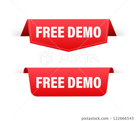 Red ribbons with free demo offer hanging on white background Red ribbons with free demo offer hanging on white background 122666543