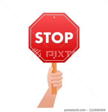 Hand holding red stop sign on white background 122666569