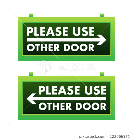 Please use other door sign indicating alternative entrance with arrows pointing left and right Please use other door sign indicating alternative entrance with arrows pointing left and right 122666575