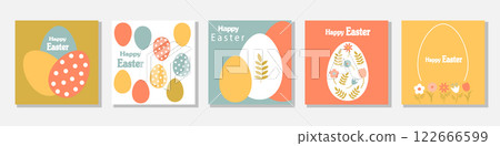Set of Happy Easter cards in modern minimalistic style with geometric shapes, eggs. Abstract template for poster, branding, advertising, postcard, prints, banner. 122666599