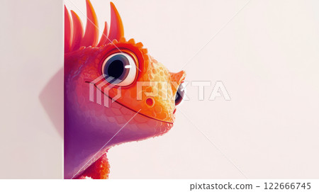 Colorful cartoon lizard peeking from behind wall with big eyes and bright orange and pink scales in minimalist style 122666745