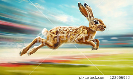 A fast-moving brown European hare Lepus europaeus sprinting across a blurred forest or farm landscape. Capturing the essence of speed and freedom 122666953