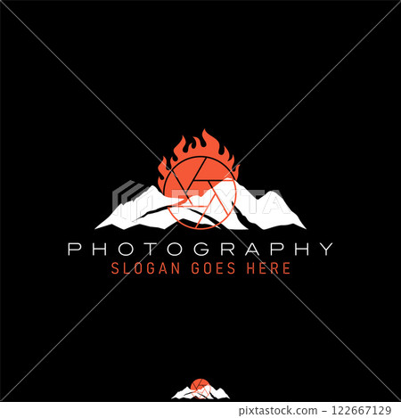 Logo design graphic concept creative premium vector stock image graphic peak mountain fire flame capture camera photography adventure vacation forest 122667129