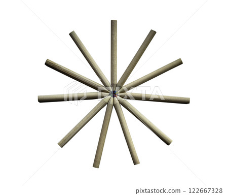 Brown crayons arranged in a circle isolated on White background with clipping path. 122667328