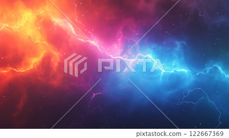 Graphic material of a sky bursting with powerful red and blue lightning 122667369