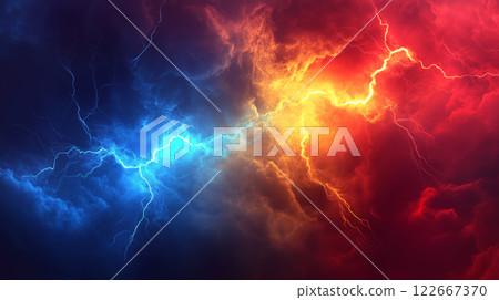Graphic material of a sky bursting with powerful red and blue lightning 122667370