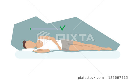 Correct sleeping body posture. Healthy sleeping position spine on orthopedic mattress and pillow. Caring for health of back, neck. Vector illustration 122667513