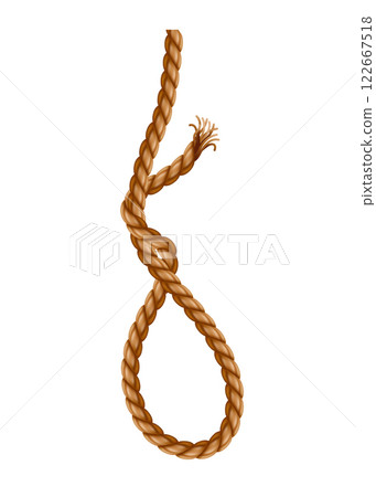 Hanging rope with tassel and node. Knitted nautical thread or marine vertical fiber. Textile tassel hang at rope isolated on white background. Vector illustration 122667518