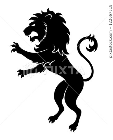 Heraldic lion silhouette. Black standing lion in flat style. Heraldic icon, symbol and design element isolated on white background. Vector illustration 122667519