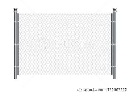 Metal wire fence. Chain-link fence fragment with metallic pillars. Secured territory, protected area or prison fencing. Wire grid construction 122667522