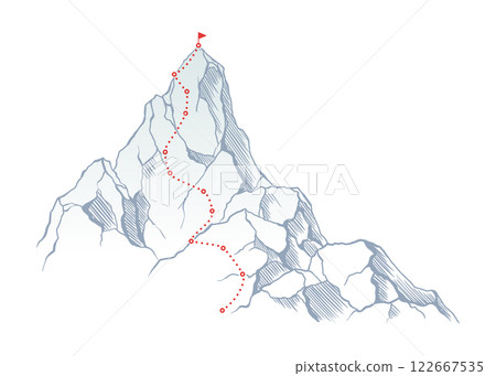 Mountain climbing route to top rock with red flag on peak. Business journey path in progress, way to success or concept of goal. Vector illustration 122667535