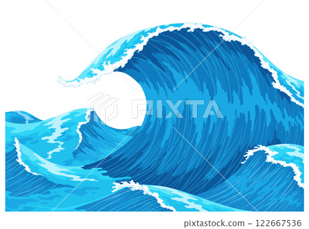 Ocean waves with foam on crest. Blue sea splash water, marine sea storm element, isolated on white background. Vector illustration Ocean waves with foam on crest. Blue sea splash water, marine sea storm element, isolated on white background. Vector illustration 122667536