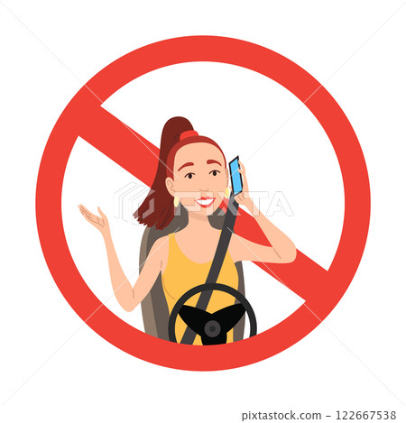 Phone while driving. Safety driving rules. Do not use mobile. Woman talking on phone or using smartphone. Vector illustration Phone while driving. Safety driving rules. Do not use mobile. Woman talking on phone or using smartphone. Vector illustration 122667538