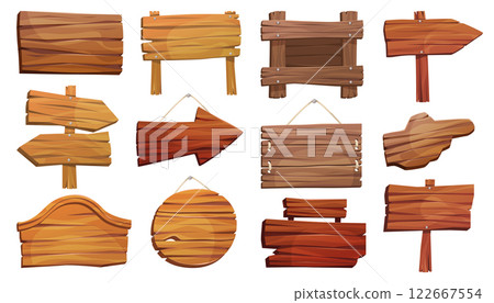 Wild west or old wooden board or empty sign. Vector set of retro billboard or vintage, rustic plaque. Cartoon timber information shield or signboard. Arrow for direction and guidance. Desert banner Wild west or old wooden board or empty sign. Vector set of retro billboard or vintage, rustic plaque. Cartoon timber information shield or signboard. Arrow for direction and guidance. Desert banner 122667554
