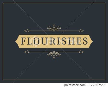 Flourishes calligraphic vintage ornamental background. Vector luxury invitation, restaurant menu or royalty certificate. Golden ornate page with swirls and vignettes elements Flourishes calligraphic vintage ornamental background. Vector luxury invitation, restaurant menu or royalty certificate. Golden ornate page with swirls and vignettes elements 122667556