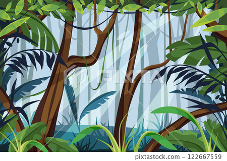Vector scenery of tropical forest or jungle. Rainforest with lush foliage and trees, nature biodiversity. Exotic flora wildlife outdoor. Scenic and landscape ecosystem. Humid climate scenery sign. 122667559