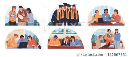 Set of university or collage student life clipart. Vector image for homework and study, lesson with notebook and graduation, teamwork and lecture, exam. Campus and dorm, classroom. Education graduate. 122667561