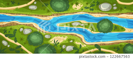 River top view vector illustration. Aerial nature sign with flowing water and surrounding terrain. Tropical nature from air. Jungle or forest outdoor environment. Map and topography. Scenic landscape. River top view vector illustration. Aerial nature sign with flowing water and surrounding terrain. Tropical nature from air. Jungle or forest outdoor environment. Map and topography. Scenic landscape. 122667563