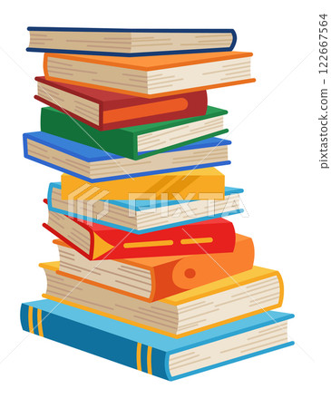 High book stacks or pile. Library textbooks and school literature heaps, dictionaries. Bookstore advertise. Cartoon stacked books angle view with different colorful covers isolated on white High book stacks or pile. Library textbooks and school literature heaps, dictionaries. Bookstore advertise. Cartoon stacked books angle view with different colorful covers isolated on white 122667564