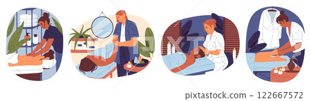 Set of woman massage sign. Vector symbol for hand or palm, foot or feet, back and face relaxation. Spa salon emblem design. Skincare and health treatment, beauty and body care. Recovery therapy. 122667572