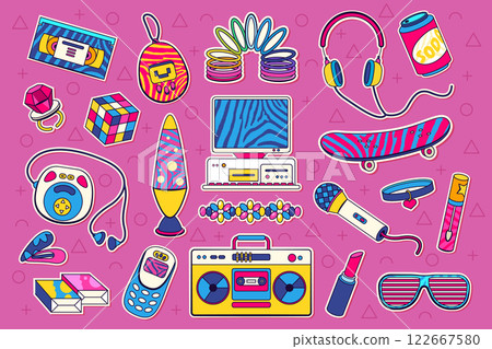 Set of nostalgic 90s vector icon. Pop art sign or clipart for millennials or Y generation. Slinky and video tape, rubik cube and tamagotchi, pc and audio player, tv and skateboard. Nineties decade. 122667580