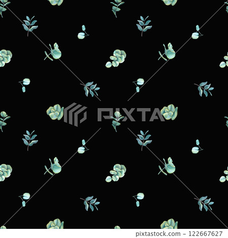 Watercolor eucalyptus seamless pattern. Hand drawn branches with leaves isolated on black background. Floral illustration for design, fabric, wrapping paper, textile, wallpaper, banner, decoupage card 122667627