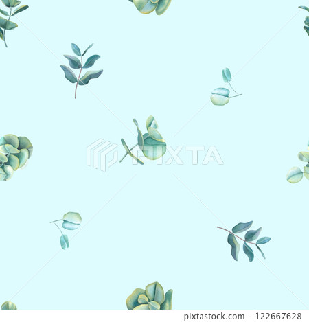 Watercolor eucalyptus seamless pattern. Hand drawn branches with leaves isolated on pastel blue background. Floral illustration for design, fabric, wrapping paper, textile, wallpaper, banner, cards. Watercolor eucalyptus seamless pattern. Hand drawn branches with leaves isolated on pastel blue background. Floral illustration for design, fabric, wrapping paper, textile, wallpaper, banner, cards. 122667628