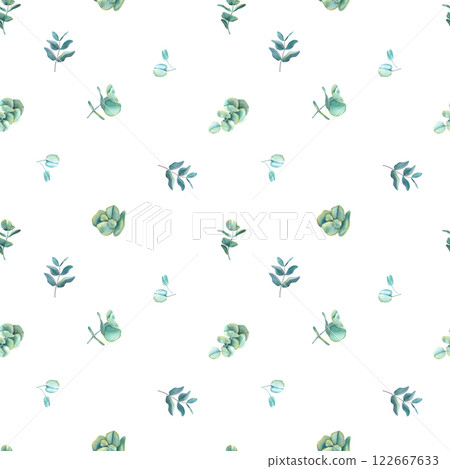 Watercolor eucalyptus seamless pattern. Hand drawn branches with leaves isolated on white background. Floral illustration for design, fabric, wrapping paper, textile, wallpaper, banner, decoupage card 122667633
