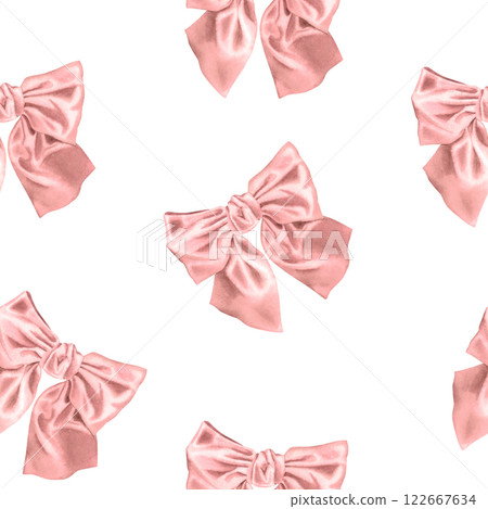 Seamless watercolor pattern with satin ribbon bow in pink color isolated on white background. Hand drawn illustration. Delicate pastel design for background, card, packaging, fabric, wrapping paper. 122667634