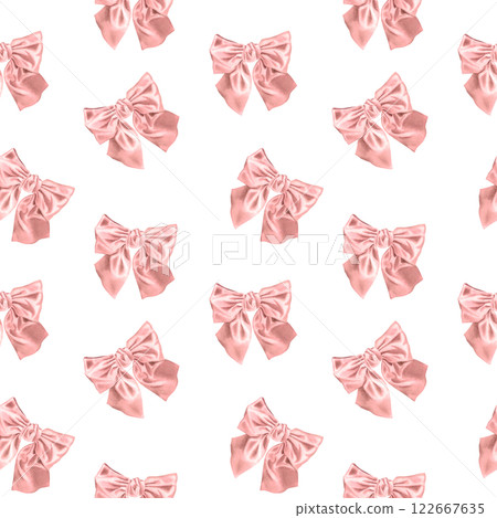 Seamless watercolor pattern with pink silk bow. Hand drawn illustration of cute fabric hair ribbon in coquette style on isolated white background. For hairstyles product packaging or scrapbooking. 122667635