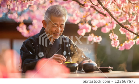 A serene moment as a skilled tea master carefully pours delicate matcha tea during a traditional 122667673