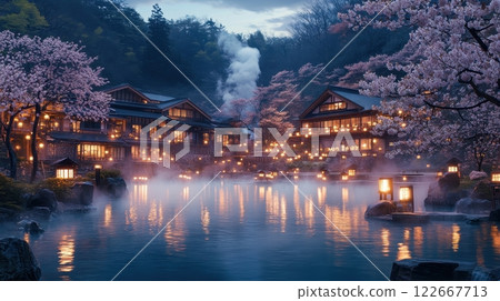 Magical Nighttime View of an Illuminated Onsen Surrounded by Cherry Blossoms in a Traditional 122667713