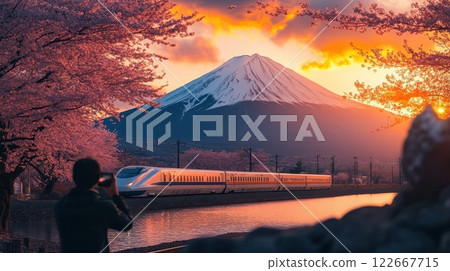 Magnificent Mount Fuji Framed by Blooming Sakura at Sunset with High Speed Train Gliding By 122667715