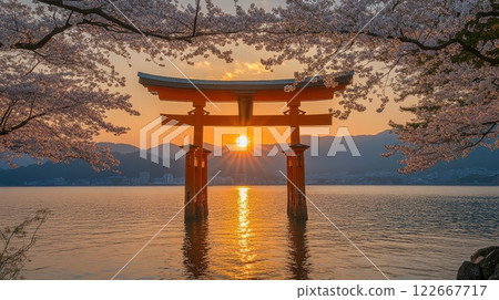 Majestic Floating Torii Gate Framed by Blooming Cherry Blossoms at Sunset 122667717