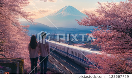 Romantic Couple Admiring Scenic Train Journey at Blossoming Cherry Blossom Overlook 122667729