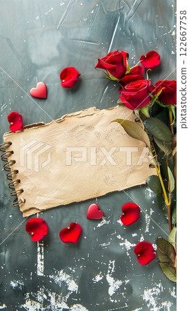 Vintage place for text with red roses and hearts on parchment background Vintage place for text with red roses and hearts on parchment background 122667758