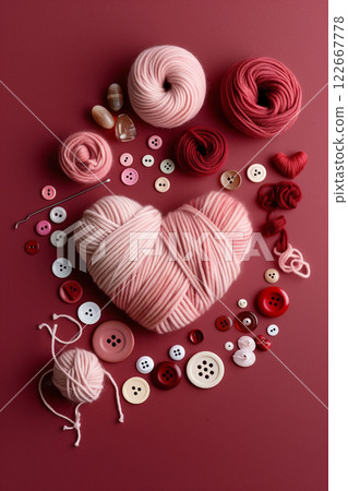 Elegant heart crafted from pink yarn surrounded by colorful buttons on red background 122667778
