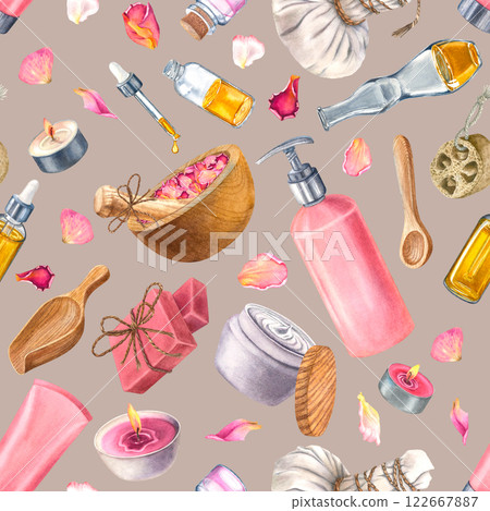 Seamless pattern with mortar and pestle, rose petals, soap, droplet bottle, loofah, bottle of lotion, body butter. Hand drawn watercolor illustration on isolated coffee color background. For textile. Seamless pattern with mortar and pestle, rose petals, soap, droplet bottle, loofah, bottle of lotion, body butter. Hand drawn watercolor illustration on isolated coffee color background. For textile. 122667887