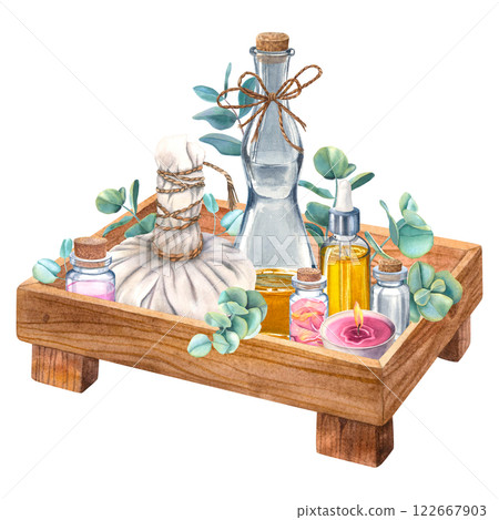 Thai oil massage accessories with eucalyptus leaves, candle, rose petals, parfume water in glass bottle on wooden tray. Hand drawn watercolor illustration on isolated background. Wellness concept. Thai oil massage accessories with eucalyptus leaves, candle, rose petals, parfume water in glass bottle on wooden tray. Hand drawn watercolor illustration on isolated background. Wellness concept. 122667903