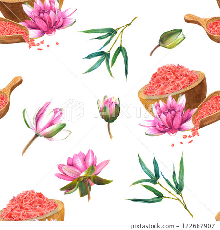 Seamless pattern of wooden bowl, scoop with pink sea salt and water lily flower. Hand drawn watercolor illustration on white isolated background. For decorating spas and beauty shops, wellness resorts 122667907