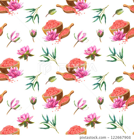 Seamless pattern of wooden bowl, scoop with pink sea salt and water lily flower. Hand drawn watercolor illustration on white isolated background. For decorating spas and beauty shops, wellness resorts Seamless pattern of wooden bowl, scoop with pink sea salt and water lily flower. Hand drawn watercolor illustration on white isolated background. For decorating spas and beauty shops, wellness resorts 122667908
