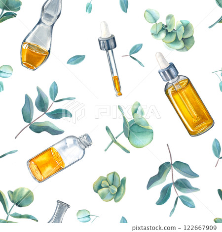 Seamless pattern of glass bottles with oil for skin and eucalyptus leaves. Hand drawn watercolor illustration of flask isolated on white background. For packaging, advertising of cosmetic, label. Seamless pattern of glass bottles with oil for skin and eucalyptus leaves. Hand drawn watercolor illustration of flask isolated on white background. For packaging, advertising of cosmetic, label. 122667909