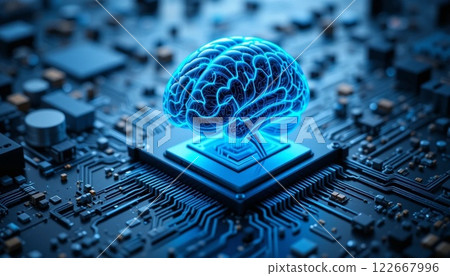 Futuristic Glowing Brain on Circuit Board Representing Artificial Intelligence. 122667996