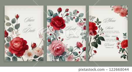 Watercolor wedding invitation with roses flowers. 122668044
