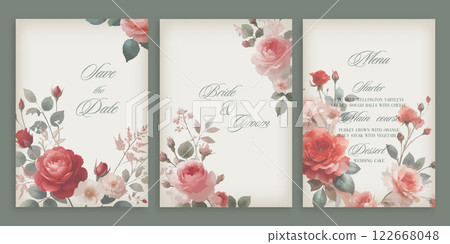 Watercolor wedding invitation with roses flowers. 122668048