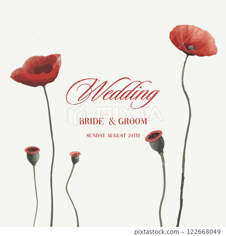 Watercolor wedding invitation with poppy flowers. 122668049